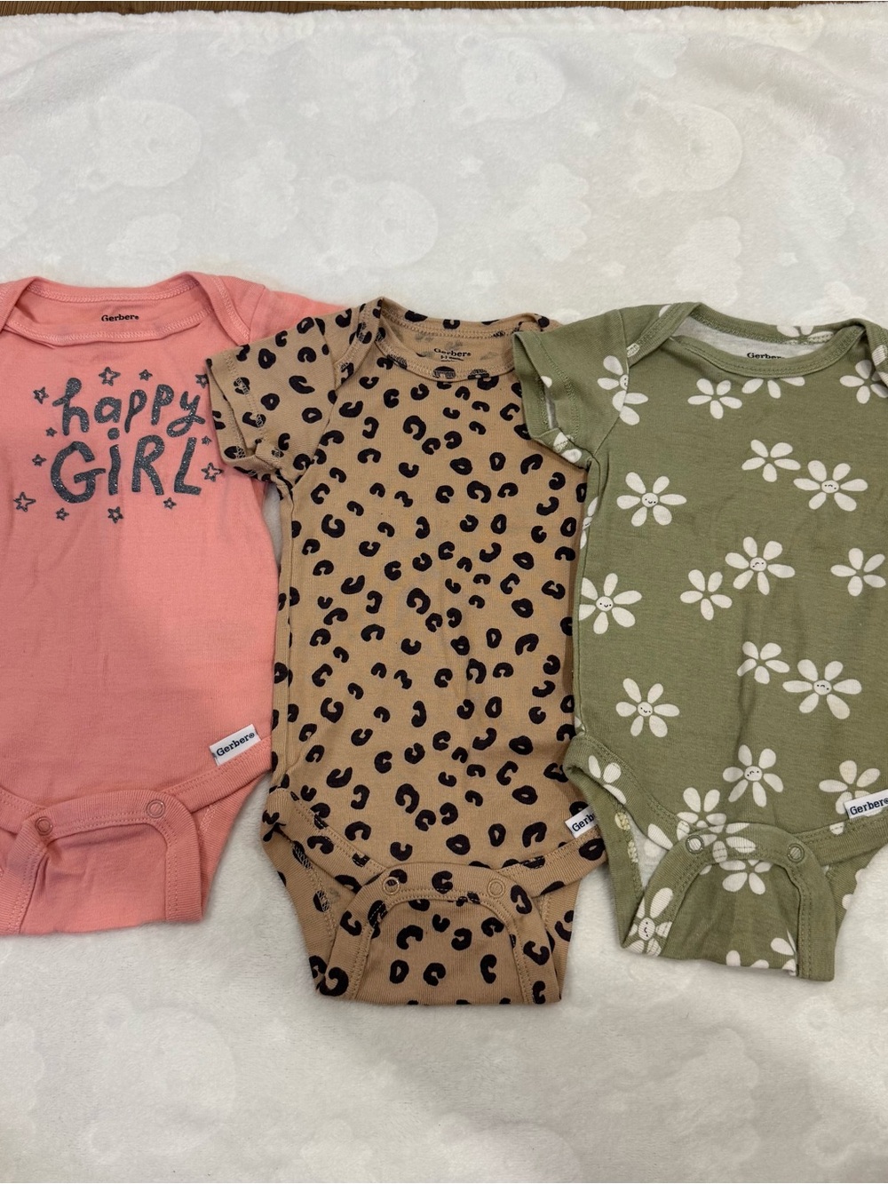 Gerber Pink, Tan Leopard & Olive Daisy Baby One-Piece Bodysuit Trio